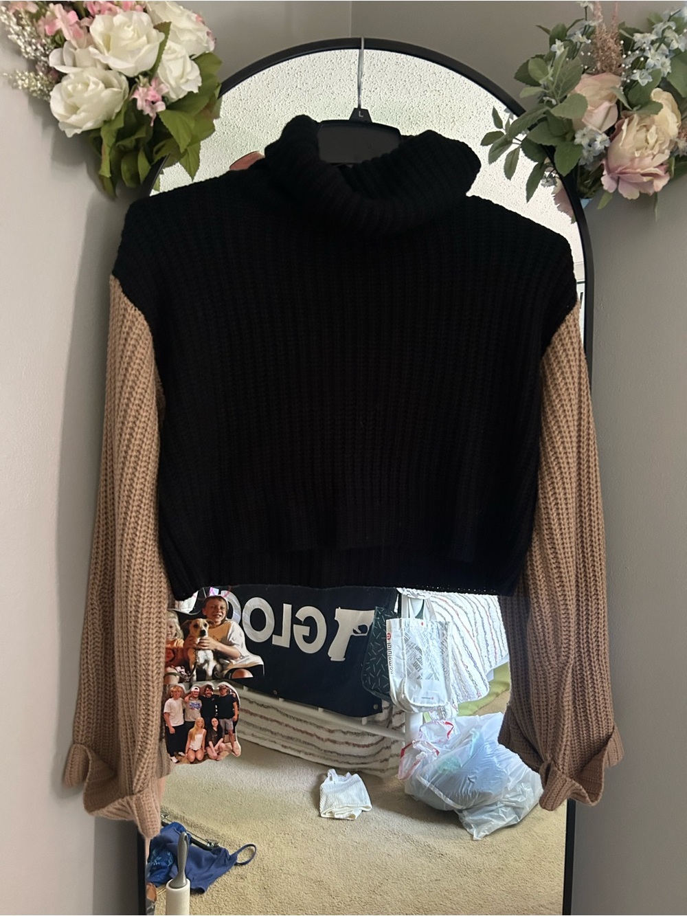 She + Sky Black Cropped Turtleneck Sweater with Tan Sleeves